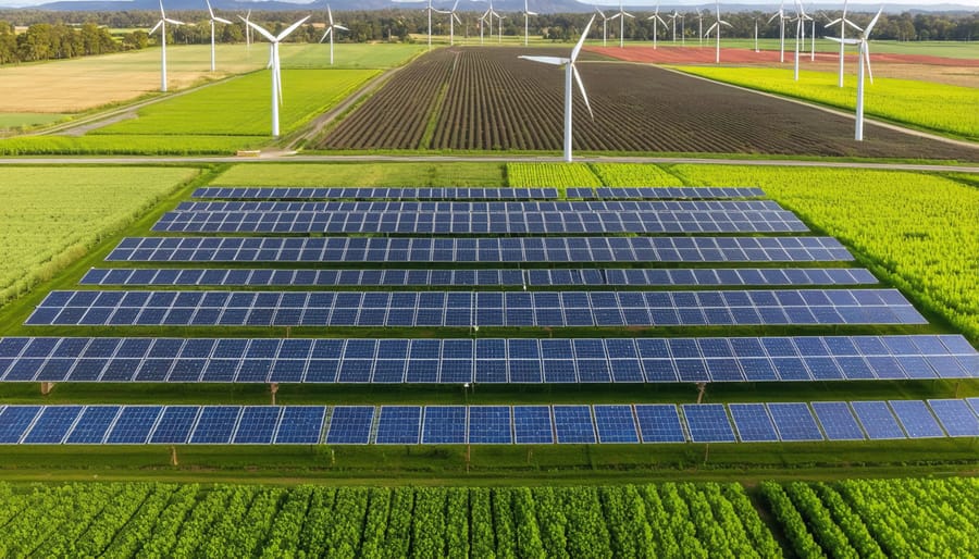 Drone view of integrated solar-wind installation on an Australian agricultural property