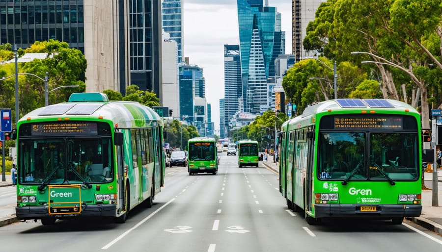 A vibrant Australian city scene showcasing various eco-friendly buses, including electric and biofuel-powered, navigating urban streets with visible solar panels and charging stations highlighting the green transportation theme.