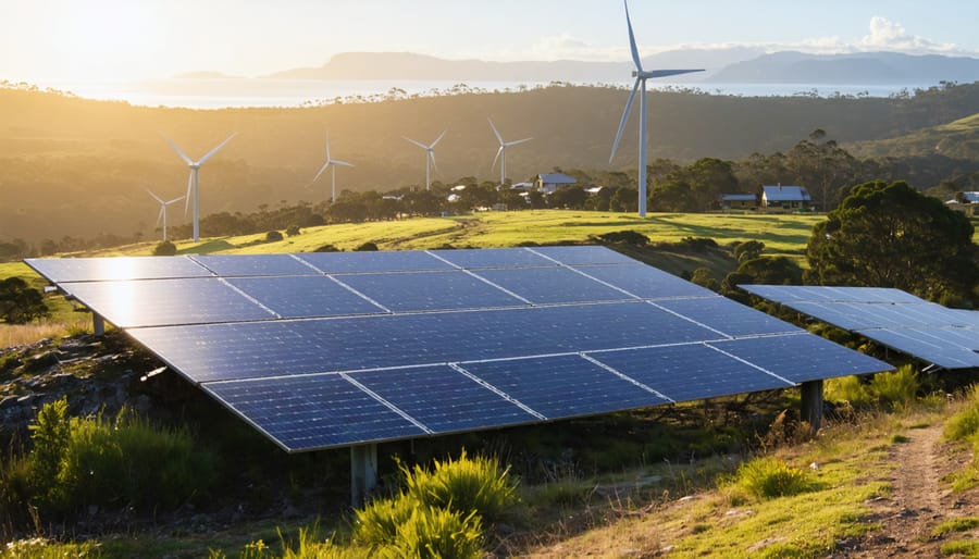 A scenic rural Australian community with solar panels and wind turbines, illustrating the integration of renewable energy sources and sustainable practices.