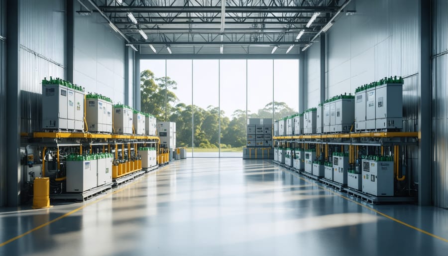 Interior view of an automated battery recycling facility showing sorting and processing equipment