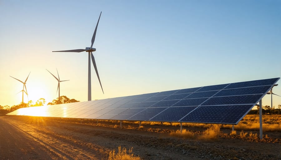 Aerial view of solar panels and wind turbines in rural Australia with dramatic sunset sky