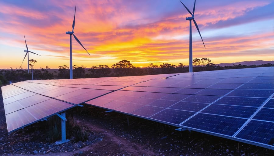A vast Australian outback with fields of solar panels and wind turbines silhouetted against a dramatic sunset, symbolizing the country's renewable energy transformation.