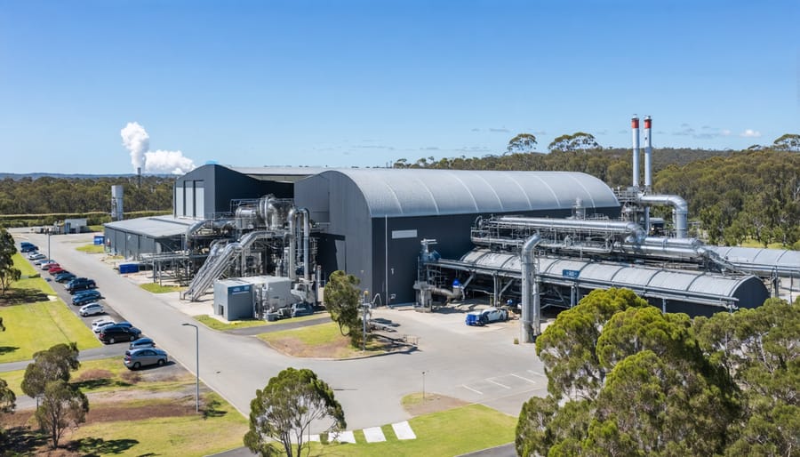 Exterior view of an Australian waste-to-energy plant with steam emissions and landscaped grounds