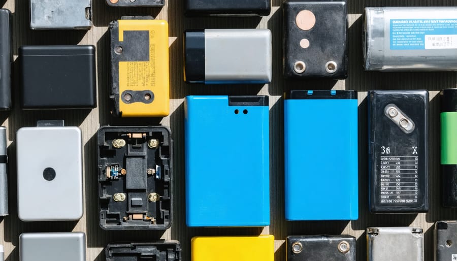 Diverse array of used lithium-ion batteries including smartphone, laptop, and electric vehicle batteries