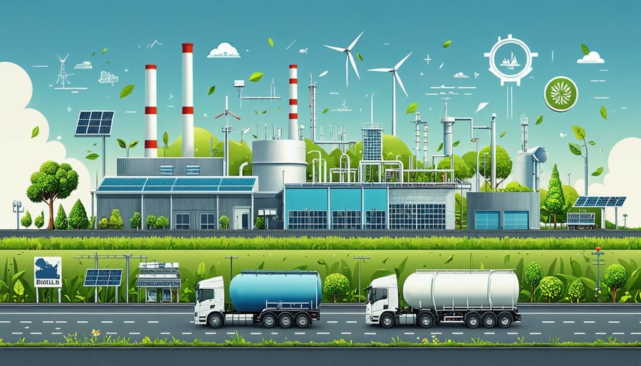 Illustration of an industrial site integrated with biodiesel technology showing biodiesel-powered trucks and a biodiesel plant, set in an Australian landscape representing the transition to greener energy sources.