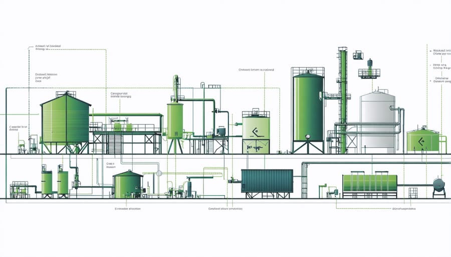 Technical illustration showing biodiesel storage tanks, pipelines, and dispensing systems in an industrial setting