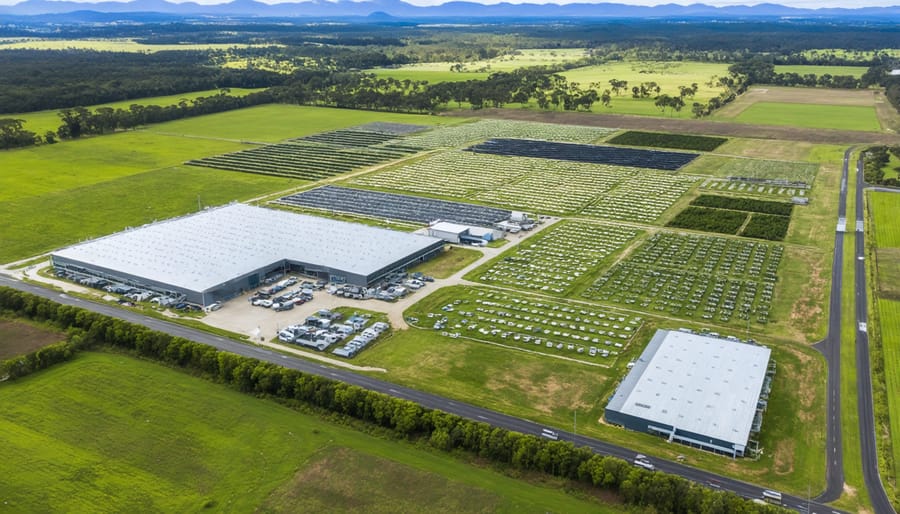 Bird's eye view of the Center for Bioenergy Innovation campus with research facilities and experimental fields