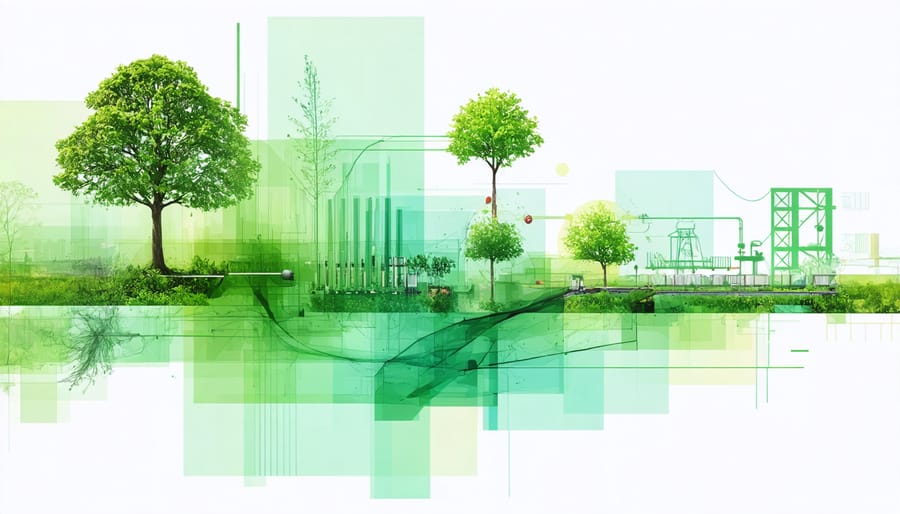 Digital illustration showing automated bioenergy supply chain management with connected facilities and transport routes