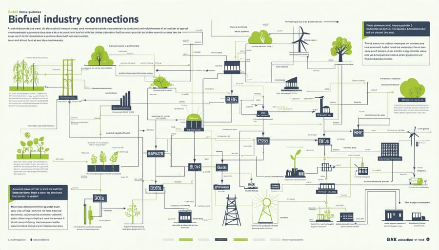 Flow diagram illustrating economic relationships between farmers, processors, distributors, and markets in the biofuel industry
