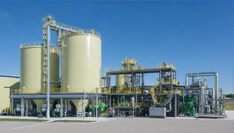 Industrial biofuel refinery with processing equipment and storage facilities
