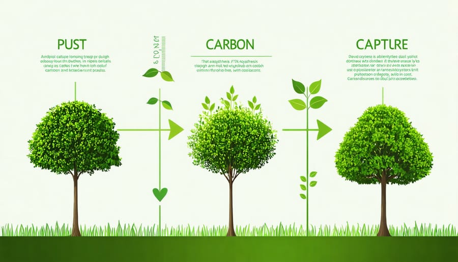 Diagram illustrating how plants absorb CO2 and convert it to stored carbon through photosynthesis