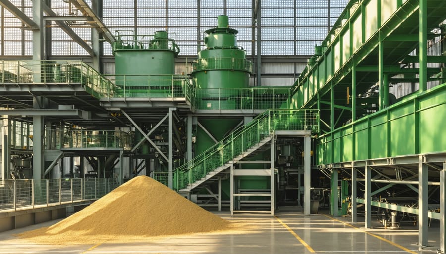 Modern industrial biomass feed system with automated conveyors and storage silos