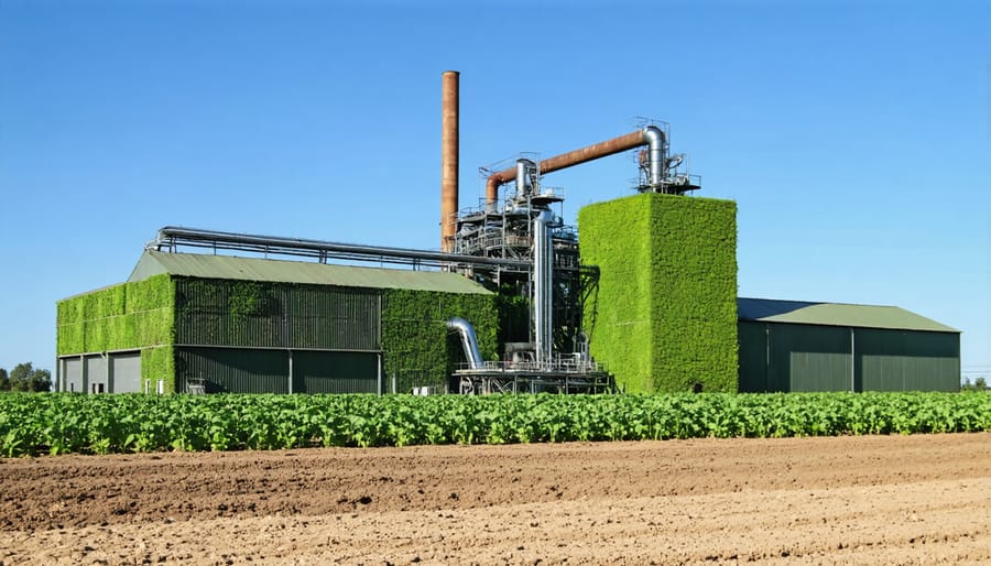 Industrial facility processing agricultural waste into bioenergy with storage silos and processing equipment
