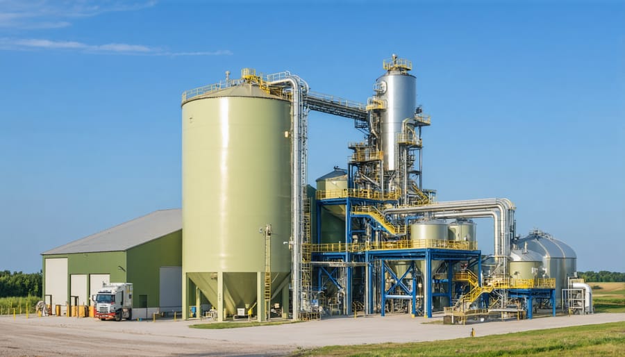 Industrial biomass processing facility with storage silos and conveyor systems