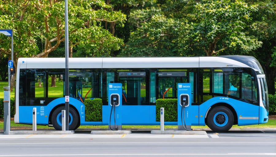 Modern electric bus charging depot with multiple charging stations and buses