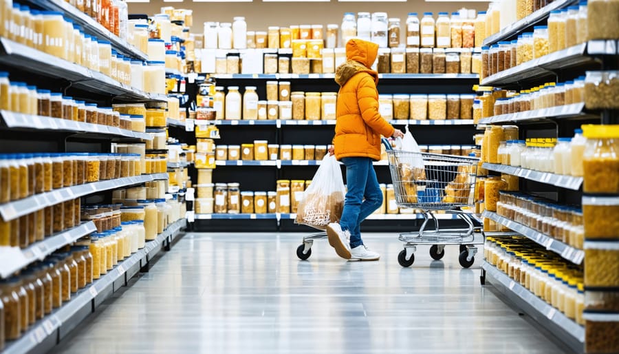 Shopper filling reusable containers at bulk food station