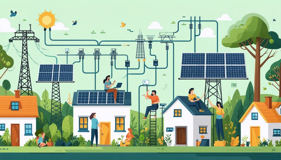Illustration of a diverse community collaborating on a solar panel installation, interconnected with smart grid technology against an Australian landscape background, symbolizing decentralized and sustainable energy solutions.