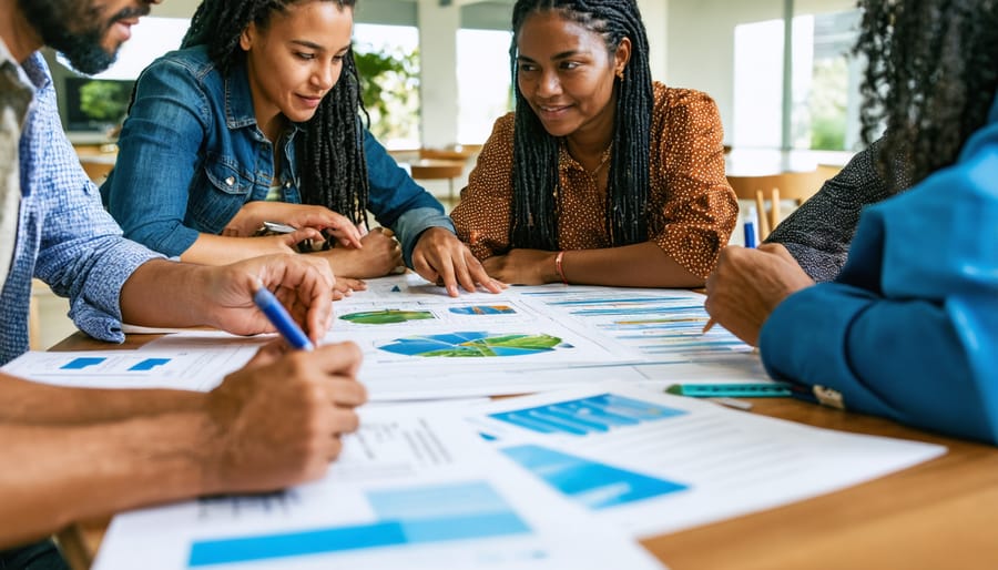 A diverse group of community members and researchers collaborating around a table, discussing sustainability projects and renewable energy plans in Australia.
