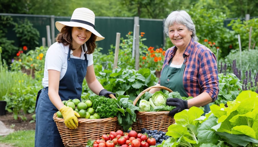 Diverse group of people harvesting vegetables in a community garden setting
