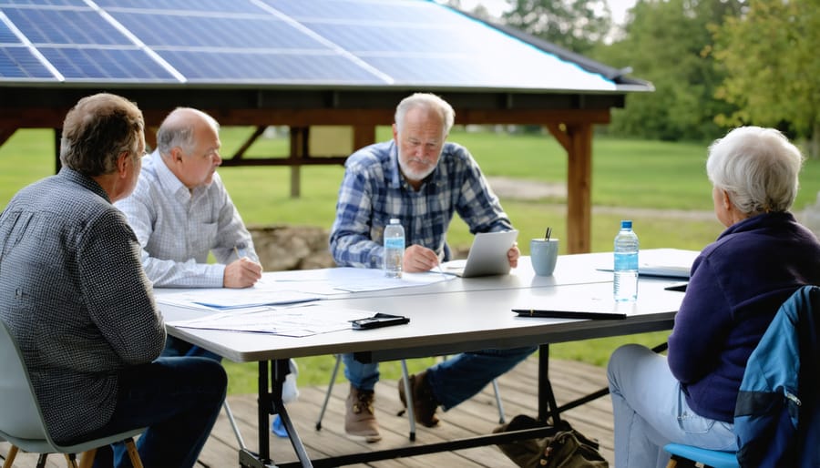 Diverse group of community members and engineers discussing solar project blueprints