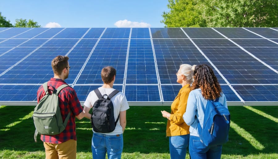 Diverse group of local residents inspecting their shared community solar installation