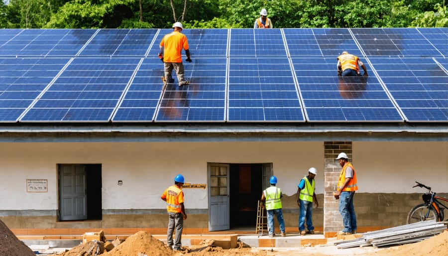 Community engagement in renewable energy implementation showing installation process and public participation