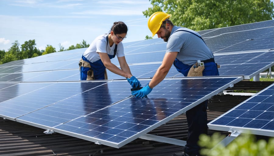Local residents working together to install solar panels on a community building