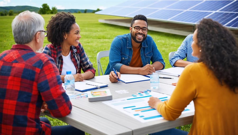 Mixed group of local residents discussing plans around a table with solar project blueprints