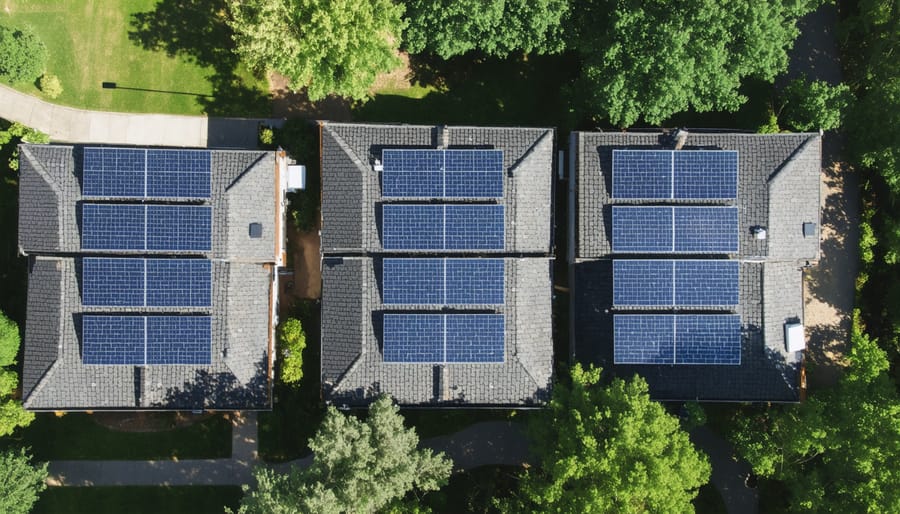 Birds-eye view of solar panels installed across neighboring houses in a suburban community
