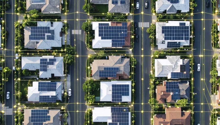 Bird's eye view of suburban homes with solar panels showing interconnected energy sharing network
