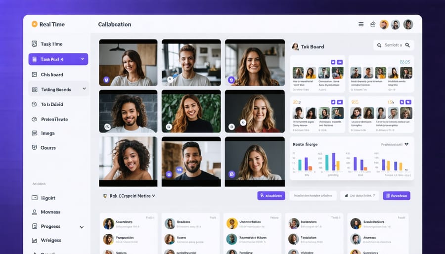 Interactive digital collaboration platform dashboard displaying project management tools and team communication features