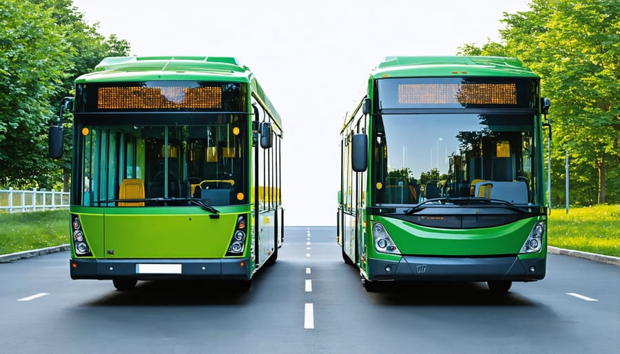 Split image showing an electric bus charging and a biofuel bus being refueled