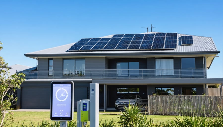 A modern Australian house with solar panels on the roof and a smart meter displaying energy consumption, highlighting the use of renewable energy solutions.