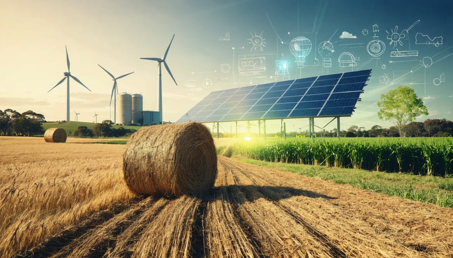Scenic illustration showing an Australian farm with wheat straw bales, sugarcane fields, and forest residues transforming into renewable energy symbols like wind turbines and photobioreactors, representing the biomass-to-energy journey.