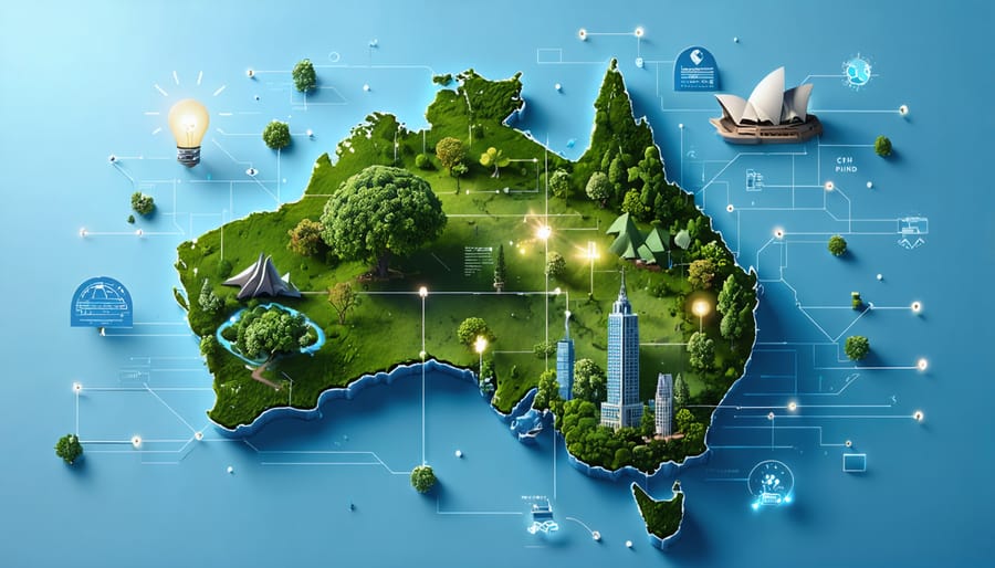 Conceptual illustration of interconnected data nodes forming a network over a stylized map of Australia, featuring bioenergy icons and Australian landmarks.