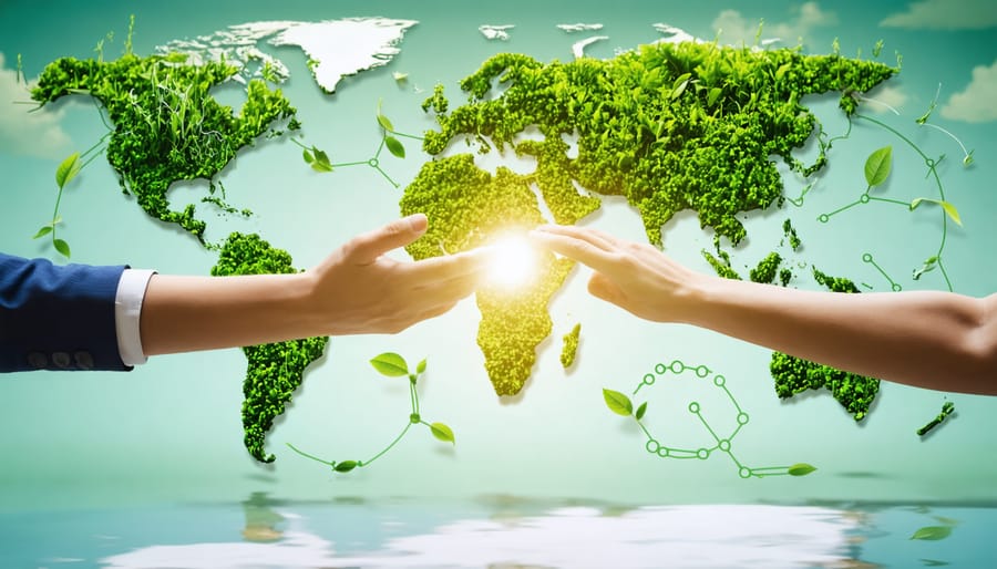 Illustration of hands connected over a world map, representing global partnerships in bioenergy innovation with symbols of green energy.