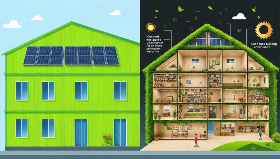 Split-screen image showing a green building with solar panels on one side and a sustainable building incorporating community spaces and local materials on the other, highlighting their distinct approaches to environmentally conscious construction.
