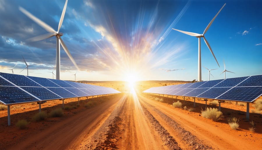 Conceptual depiction of a hybrid solar-wind energy system in Australia's diverse landscape, showing solar panels and wind turbines working together to produce renewable energy.