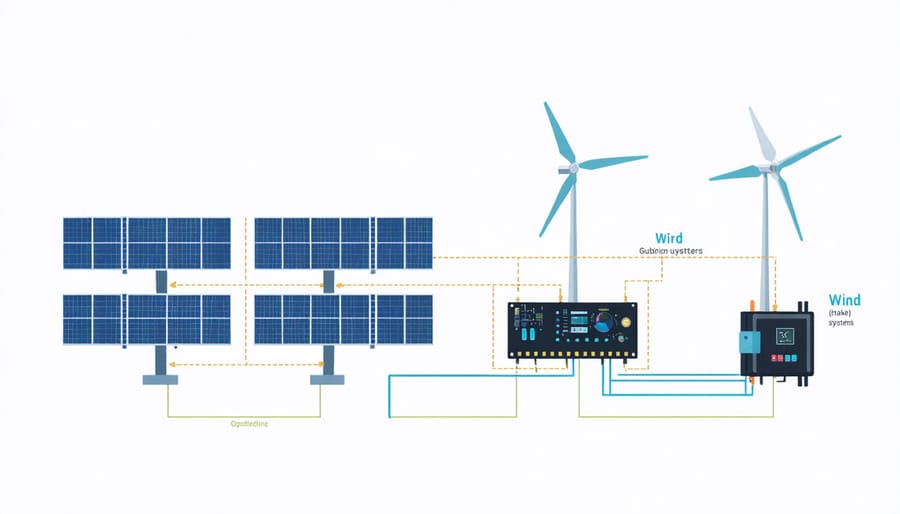 Schematic diagram of hybrid solar-wind power system components and their connections