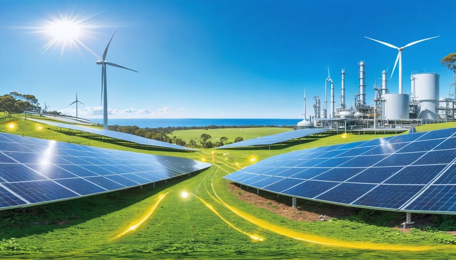 "Illustrative depiction of Australia's renewable energy landscape featuring hydrogen storage systems, including metal hydrides and liquid hydrogen tanks, integrated with solar panels and wind turbines."