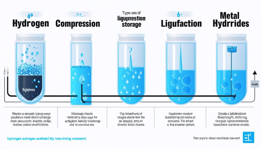 Comparative diagram of hydrogen storage technologies showing key features and efficiency rates