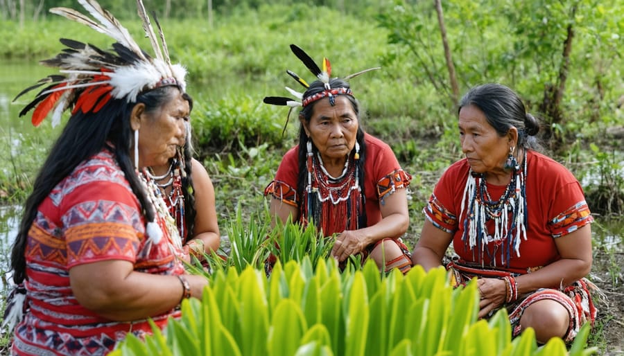 Indigenous female elder demonstrating traditional plant knowledge to a group of younger women