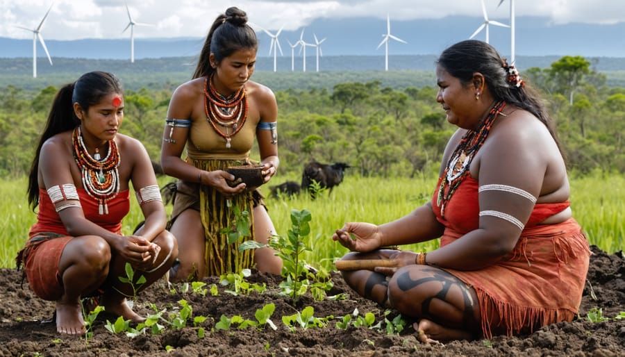 Indigenous women leaders demonstrating traditional land management to younger women in a bioenergy project setting, with a landscape merged with renewable energy systems.