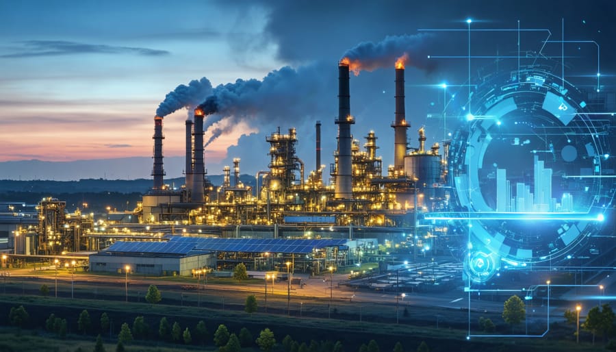 A visual representation of energy optimization in industrial settings, blending traditional factory elements with renewable energy sources like solar and wind, highlighting the transformative impact of Energy Use Intensity on carbon reduction.