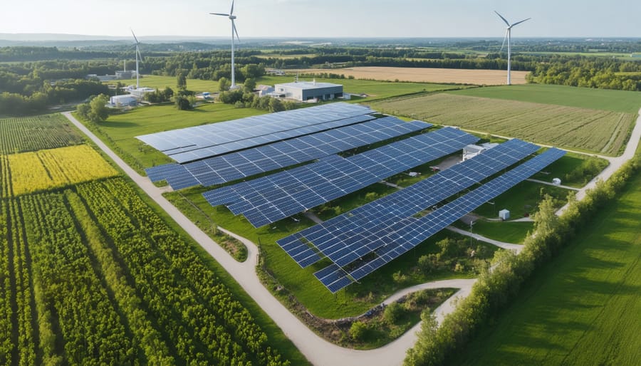 Hybrid renewable energy facility showing bioenergy plant alongside solar and wind infrastructure