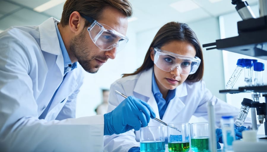 Diverse group of scientists working together on bioenergy research in a laboratory