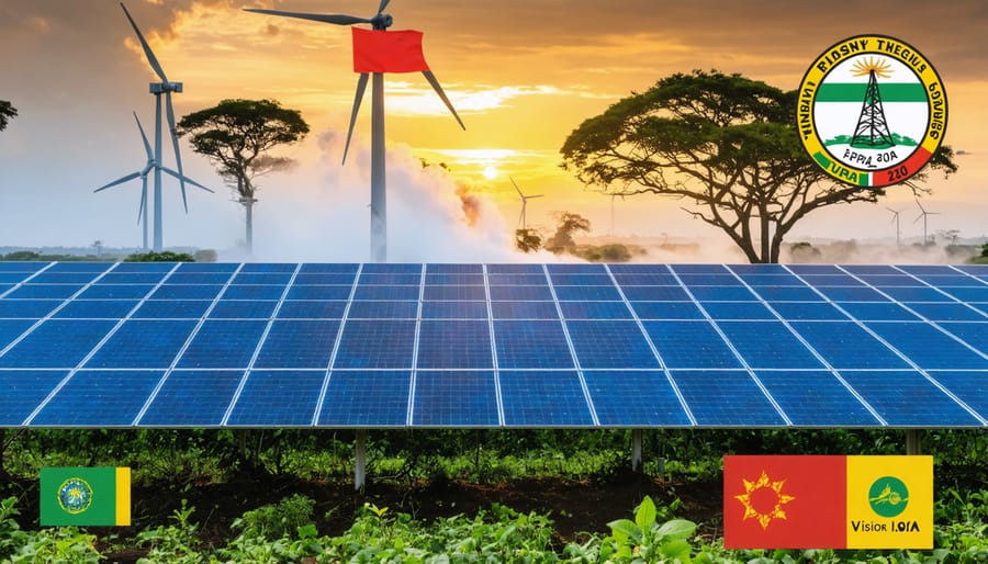 An expansive Kenyan landscape showcasing solar panels, wind turbines, and geothermal steam vents, symbolizing the country's renewable energy transformation supported by strong policy frameworks.