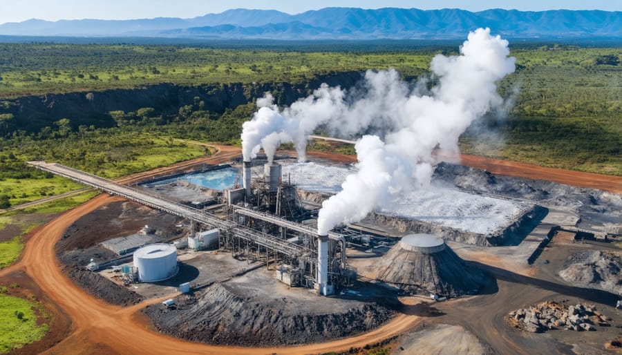 Panoramic view of Olkaria Geothermal Power Plant in Kenya showing steam vents and infrastructure