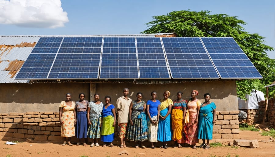 Local community members installing solar panels on a rural home in Kenya
