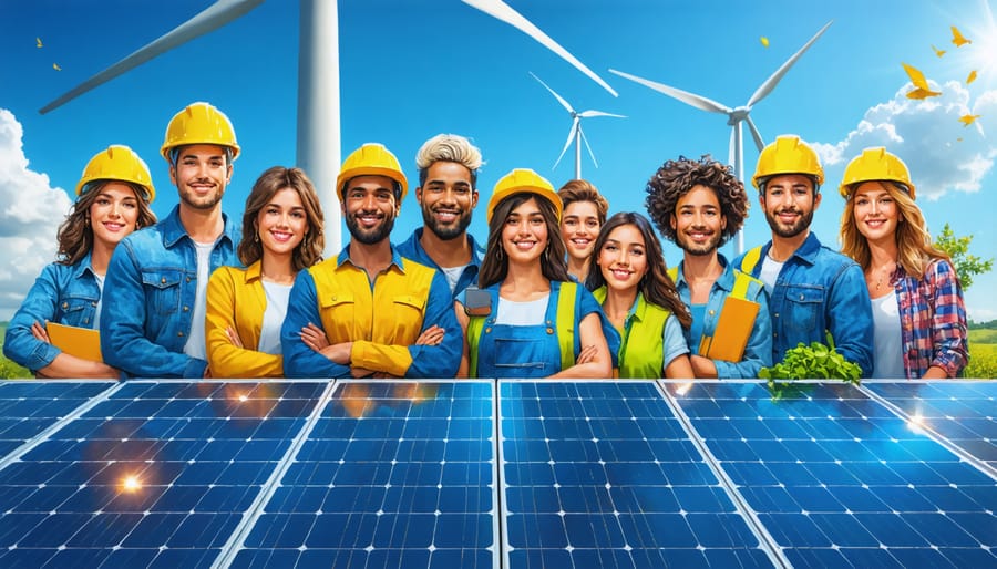 Diverse group of community members examining solar panels on a sunny day, with wind turbines in the background, representing the collaborative impact of local energy initiatives in Australia.